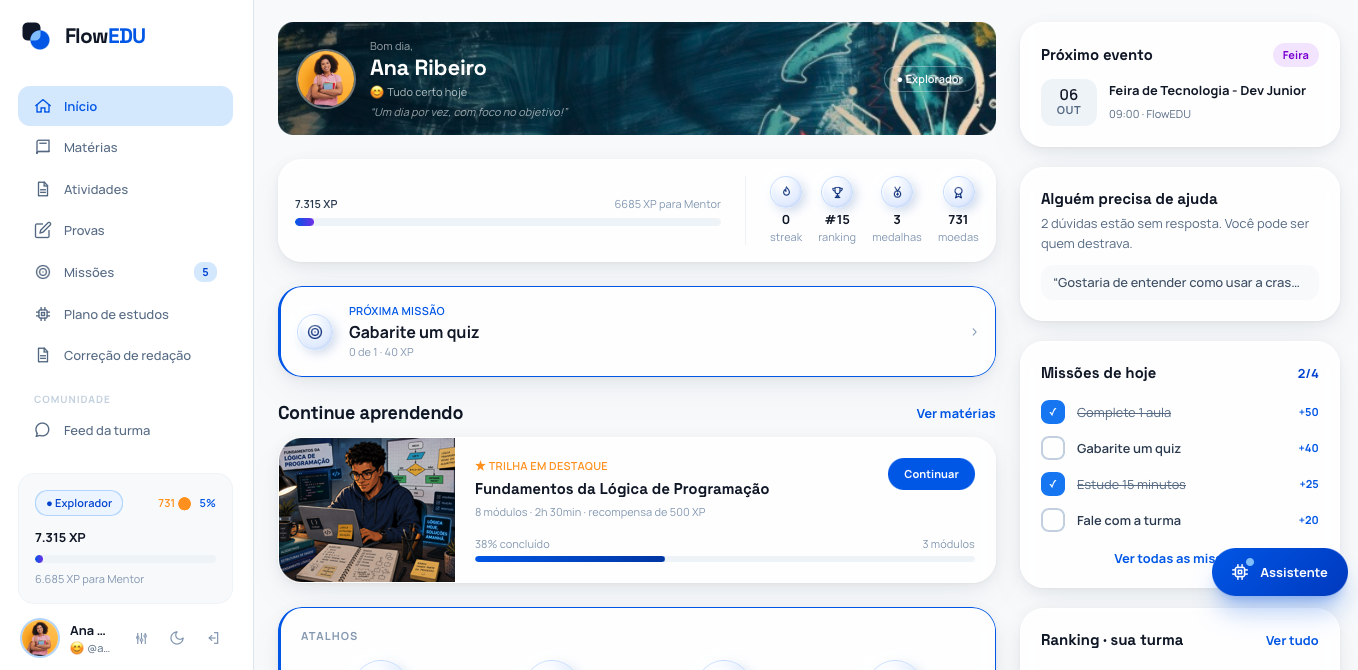 FlowEDU — Área do Aluno: missões, matérias e plano de estudos com IA