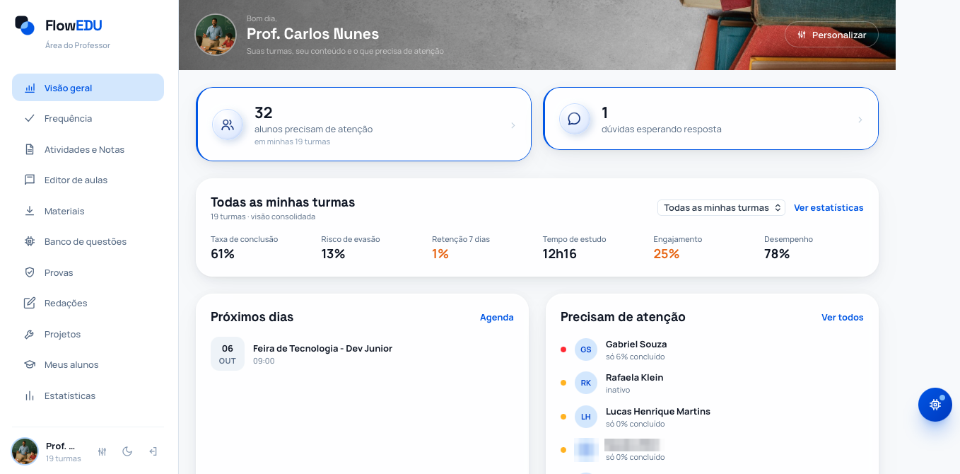 FlowEDU — Área do Professor: atividades, banco de questões e estatísticas