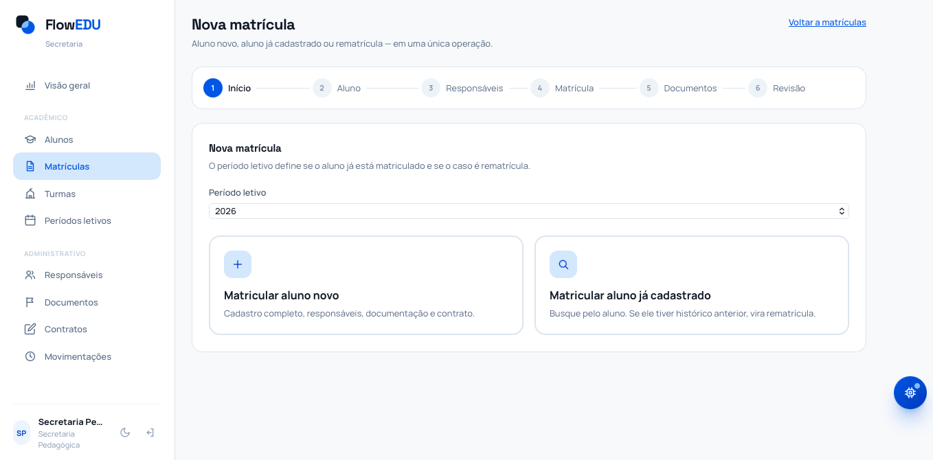 FlowEDU — Secretaria: matrículas, documentos, contratos e turmas